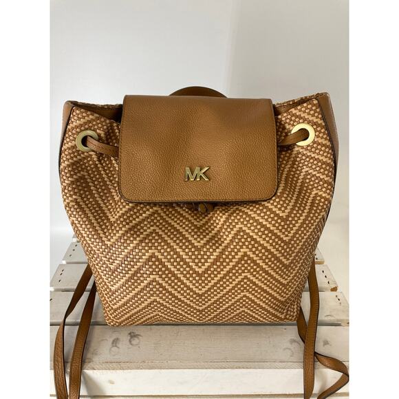 MICHAEL KORS WOVEN LEATHER BASKET WEAVE BROWN, TAN BACKPACK - Picture 2 of 15